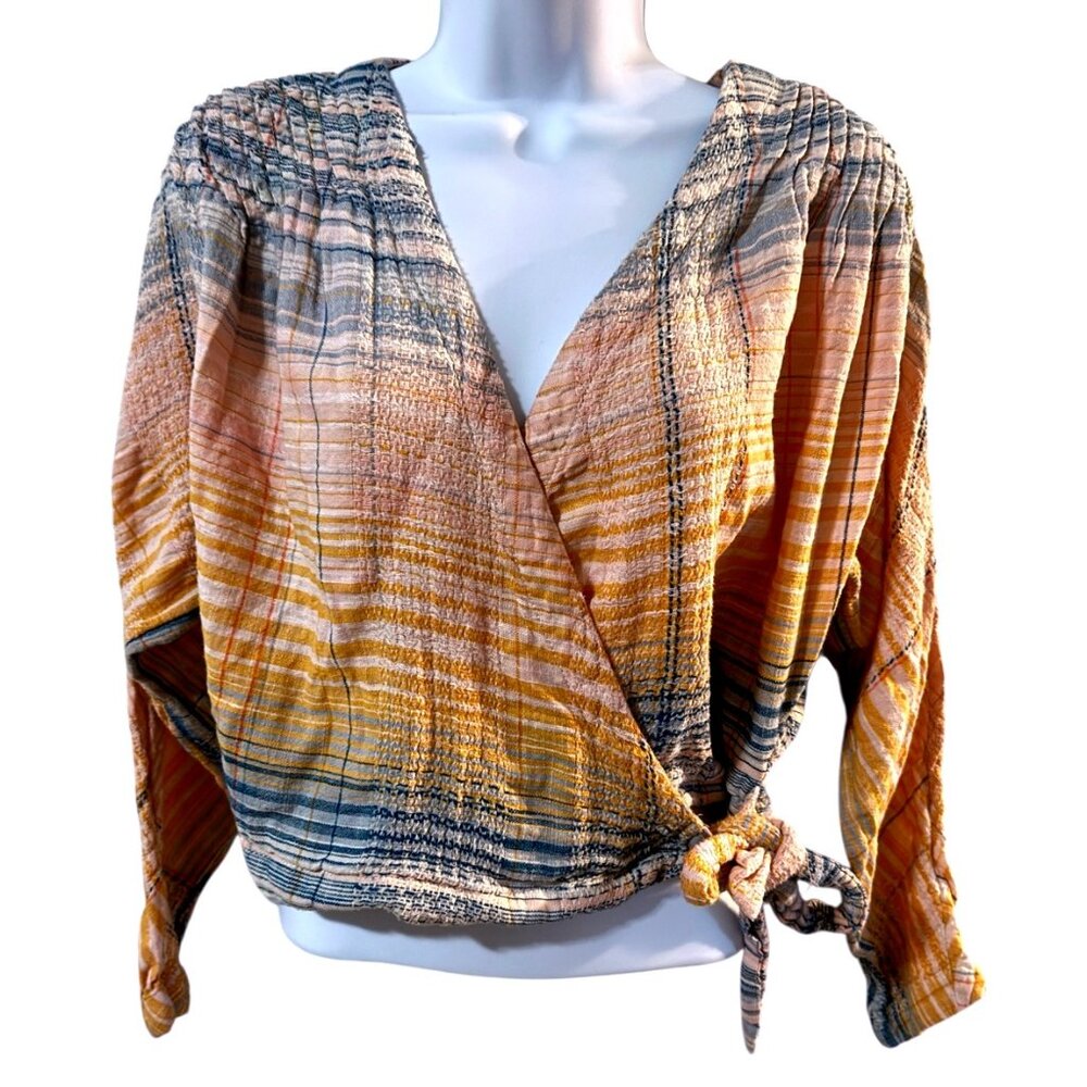 Free Free Ombre Plaid Wrap Cropped Blouse Shirt Top Long Sleeve Tie Waist Womens